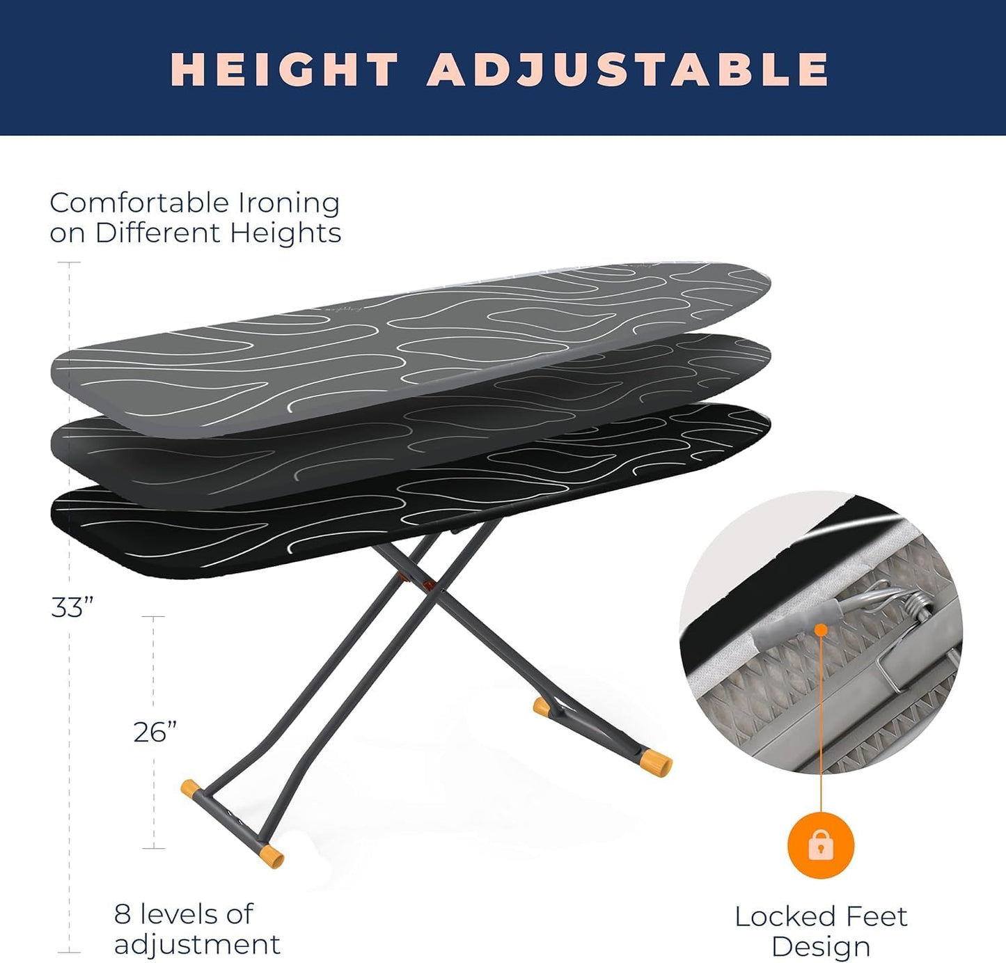 Ironing Board, Compact and Space Saver Ironing Board with Extra Thick 3 Layers Cover, Height Adjustable, Easy Storage with Smart Hanger and Heavy Duty Steel Legs, Black (13x43)