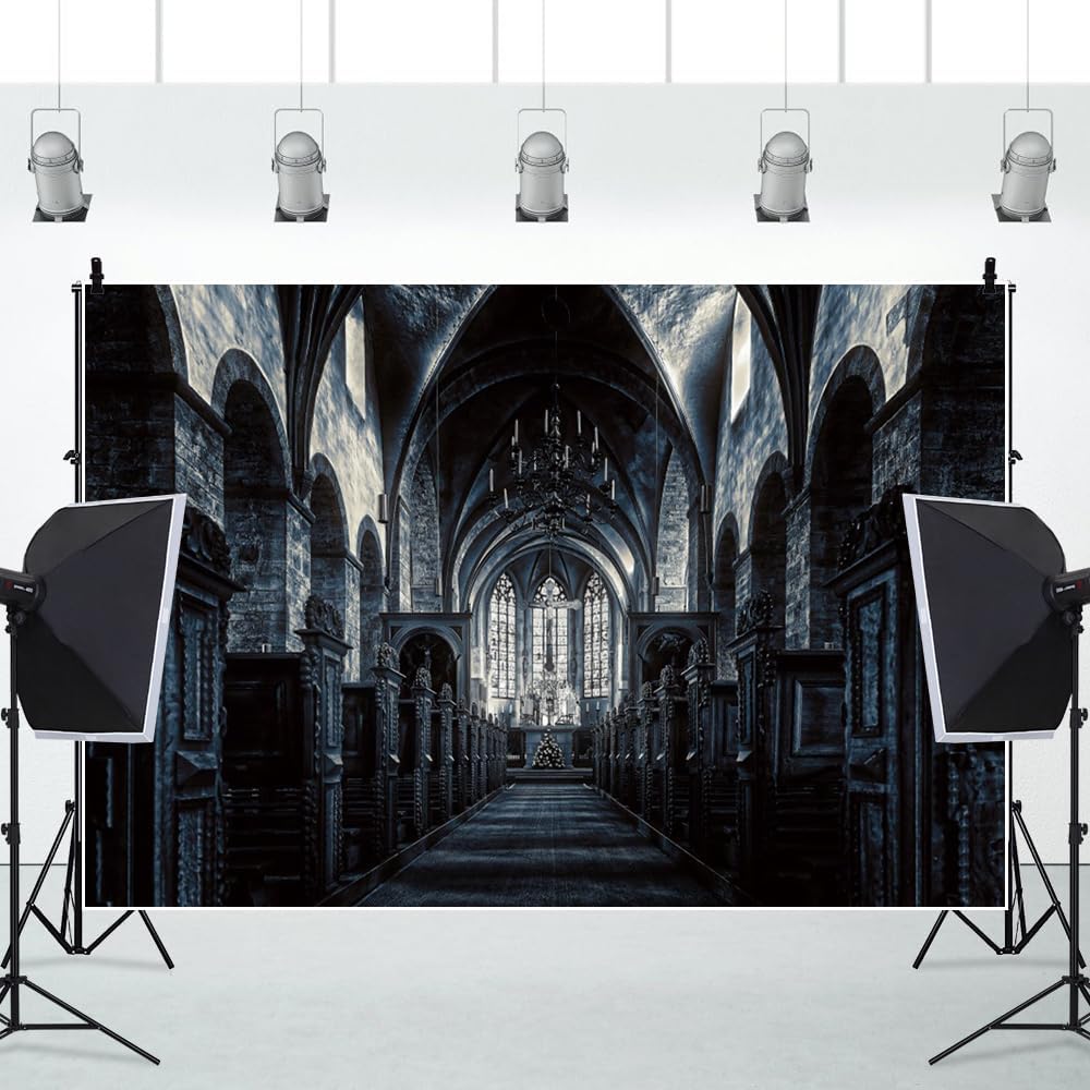 ChloropLastid 15x10ft Scary Church Halloween Backdrop Dark Black Horror Gothic Medieval Castle Interior Photography Background Halloween Night Carnival Theme Party Decor Banner Photo Studio Props