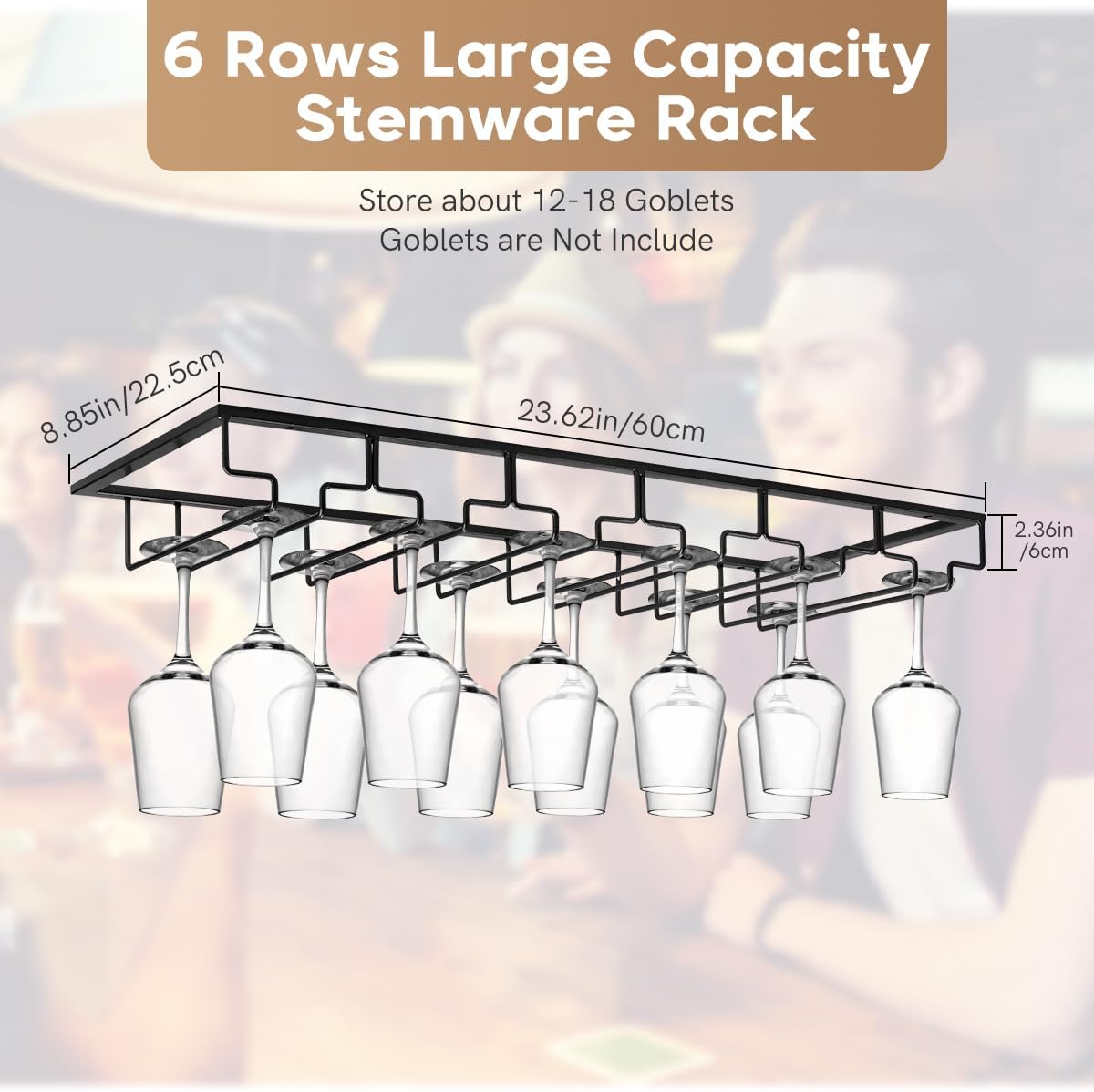 Xverycan Wine Glass Rack Under Cabinet, 6 Row Extreme Large Stemware Hanger, Metal Wine Goblet Holder, DIY Bar Glass Storage Rack for Bar Counter, Kitchen, Screws Included (Black)