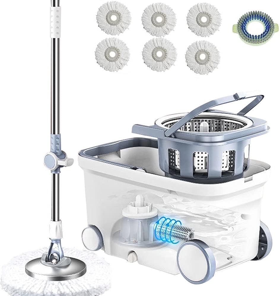 Spin Mop Bucket Deluxe 360 Spinning Floor Cleaning System with 6 Microfiber Replacement Head Refills,62" Extended Handle,4X Wheel for Home Cleaning
