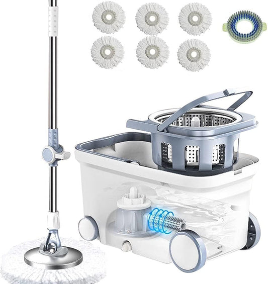 Spin Mop Bucket Deluxe 360 Spinning Floor Cleaning System with 6 Microfiber Replacement Head Refills,62" Extended Handle,4X Wheel for Home Cleaning