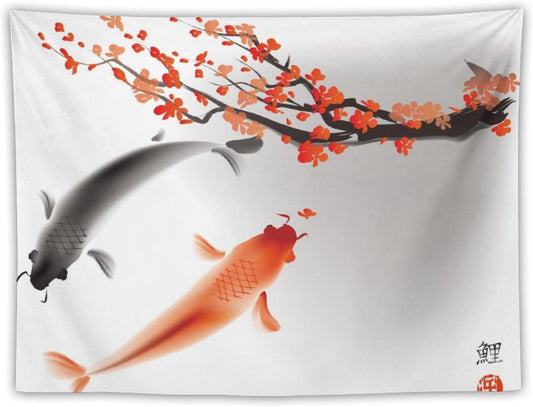 Japanese Koi Fish Tapestry, Cherry Blossoms Asian Oriental Flower Branch Koi Fish Carp Tapestries Wall Hanging for Bedroom Living Room Office Decor 40"x30"