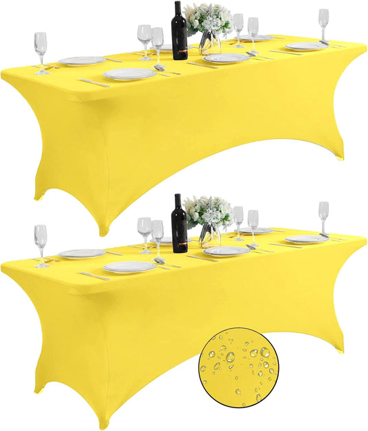SuperO 2Pack Waterproof Spandex Table Cover for 8FT Table Universal Fitted Stretch Tablecloth for Party, Banquet, Wedding and Events-Yellow