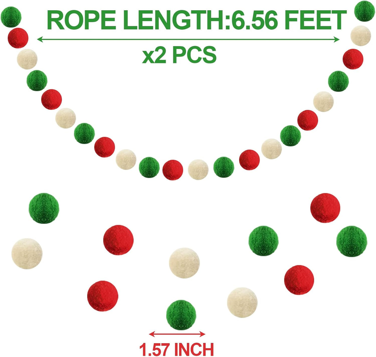 XmasExp Christmas Pom Pom Garland Decorations, Large Felt Ball Garland for Mantle, Indoor Home Decor, Tree Ornaments, Kids Room and Party Hanging Decor, 1.57" 13 Ft.