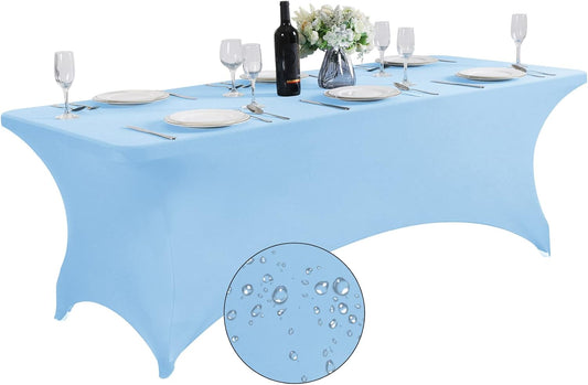 SuperO Waterproof Spandex Table Cover for 8FT Table Universal Fitted Stretch Tablecloth for Party, Banquet, Wedding and Events-Blue Mist