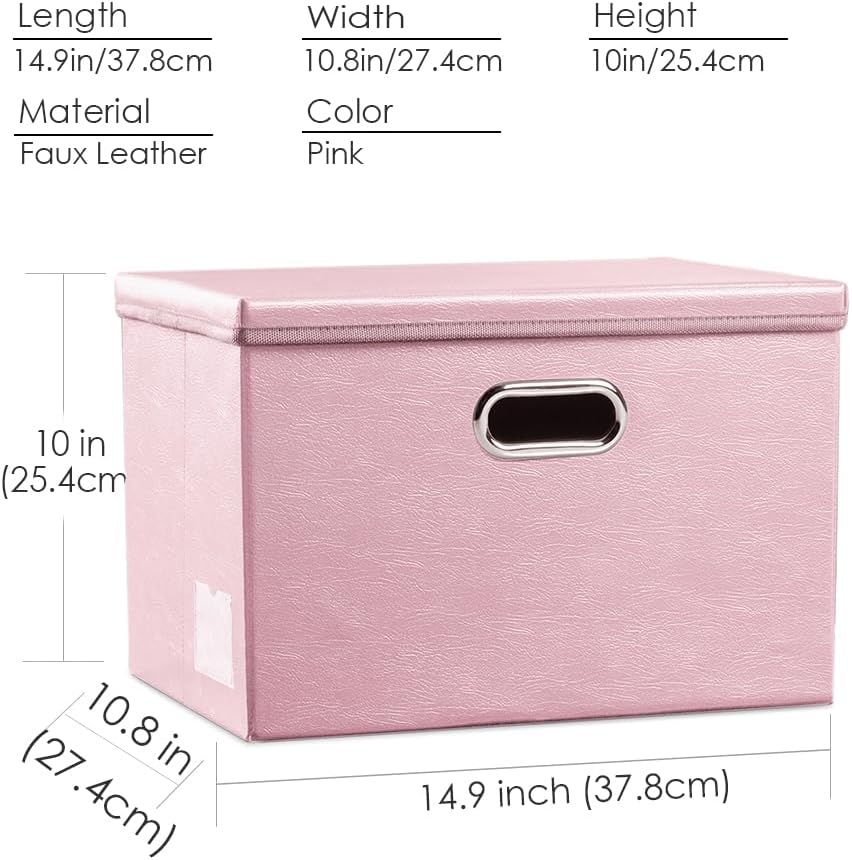 PRANDOM Foldable Storage Bins with Lids [5-Pack] Leather Fabric Collapsible Storage Boxes Organizer Containers Baskets Cube with Cover for Bedroom Closet Office Nursery Pink (14.9x10.8x10)
