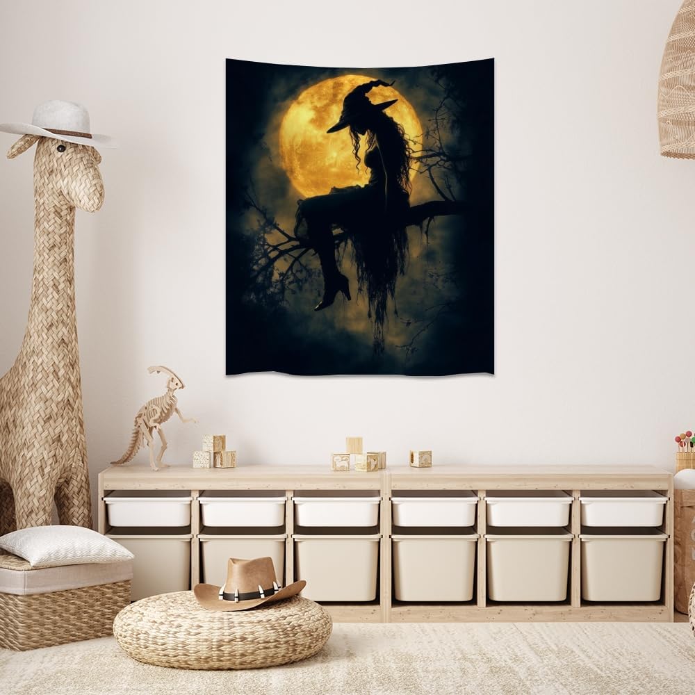 Halloween Witch Tapestry Wall Art Witchcore Moon Aesthetic Print Dark Academia Gothic Tapestries Wall Hanging Horror Ghost Halloween Party Decor for Home Living Room Bedroom 30x40inch