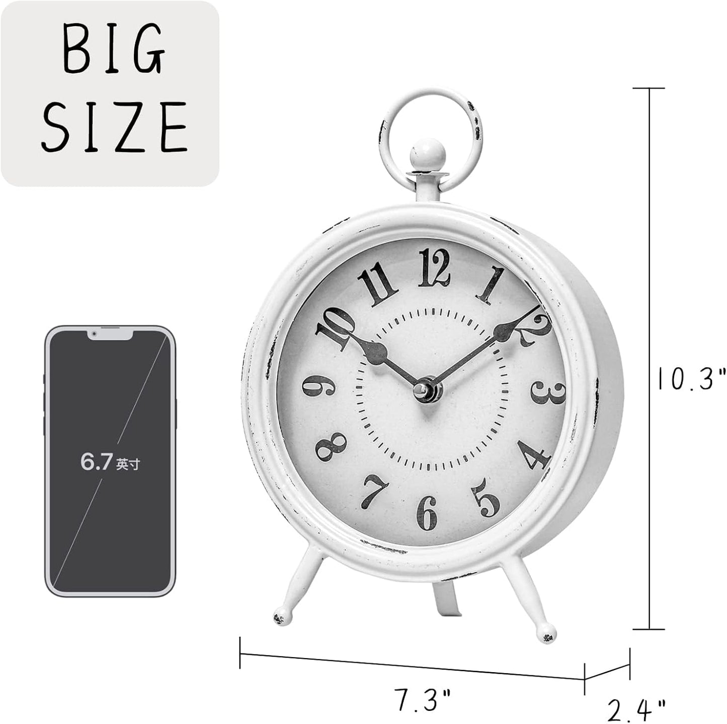 Vintage Rustic White Table Clock on Stand, Decorative Desk and Shelf Clock Farmhouse Mantel Clock Rustic Non-Ticking Clock