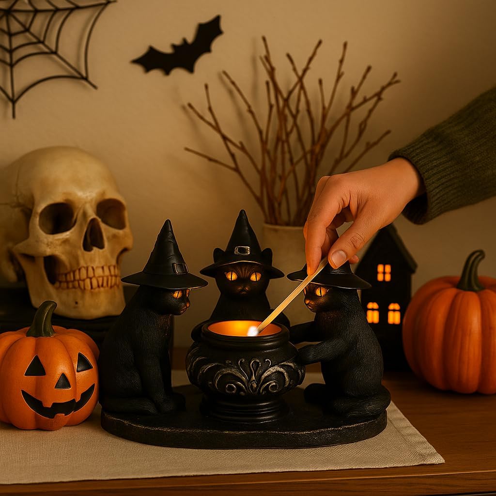Halloween Black Cat Candle Holder, Cute Halloween Table Decor & Mantel Decoration (Black)