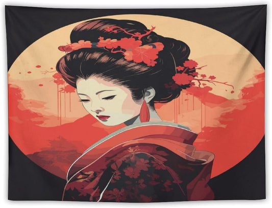 Japanese Woman Geisha Tapestry Asian Cherry Blossom Red Sun Traditional Kimono Folk Tapestries Home Decor for Living Room Bedroom Apartment Farmhouse Dorm 90"x60"