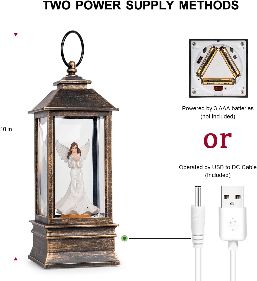 Christmas Snow Globe Lantern Water Glittering Angel with Dove, USB Lined/Battery Operated Lighted Lantern for Christmas Festival Decoration Gifts