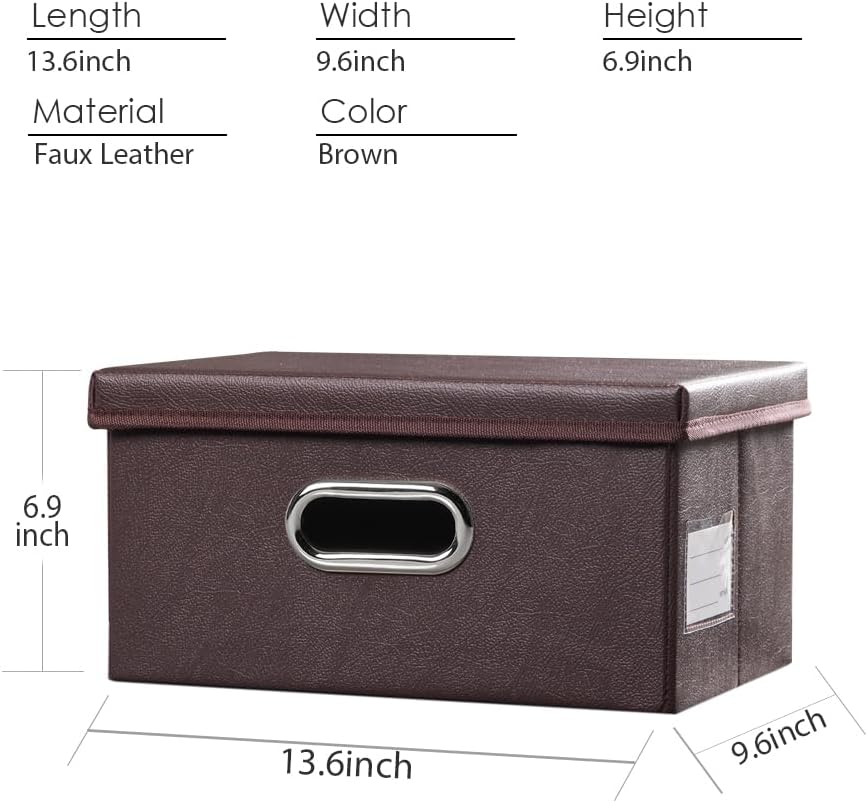 PRANDOM Collapsible Storage Box with Lid [1-Pack] Leather Fabric Foldable Storage Bin Organizer Container Basket Cube with Cover for Home Bedroom Closet Office Nursery Brown (13.6x9.6x6.9)