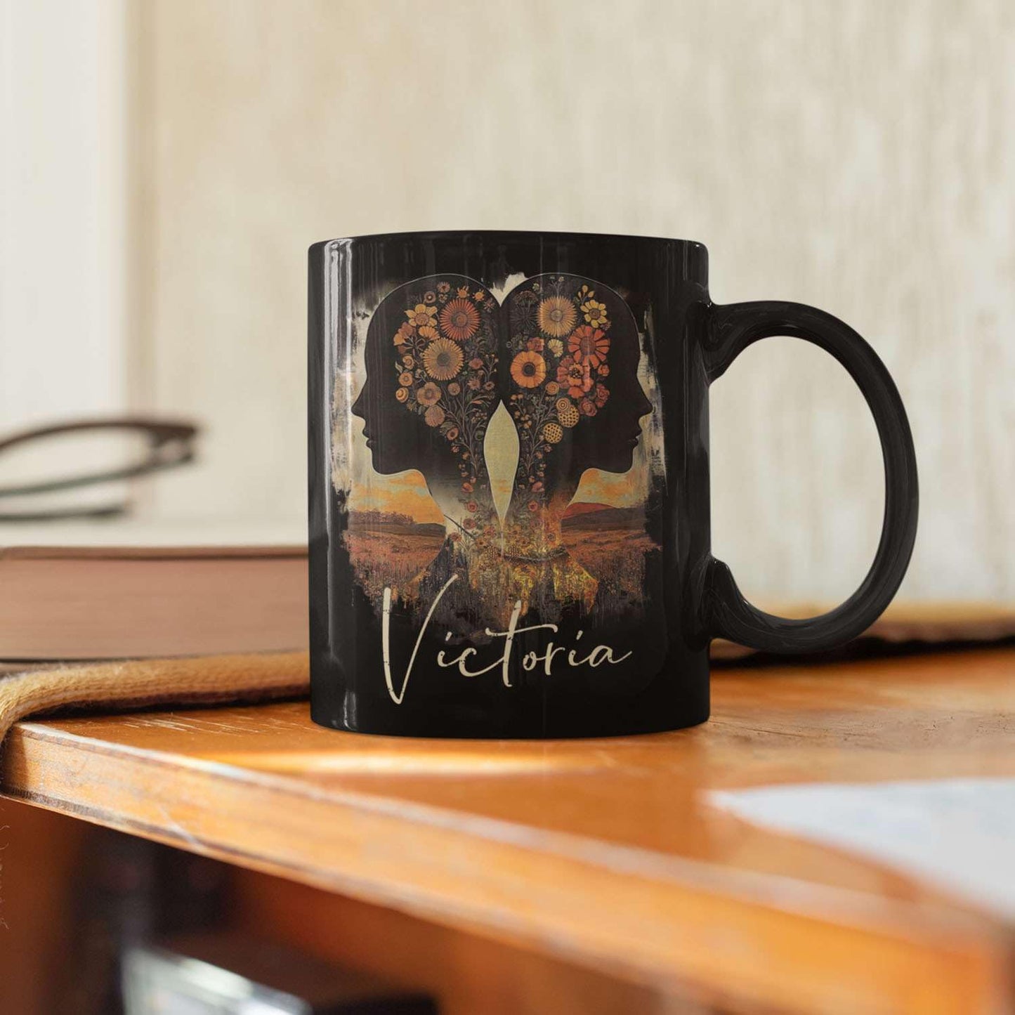 Personalized Autumn Landscape Black Cup, Custom Name Coffee Mug 11oz 15oz, Custom Floral Silhouette Ceramic Cup, Gifts for Women, Zodiac Inspired Coffee Mug, Gifts for Birthday