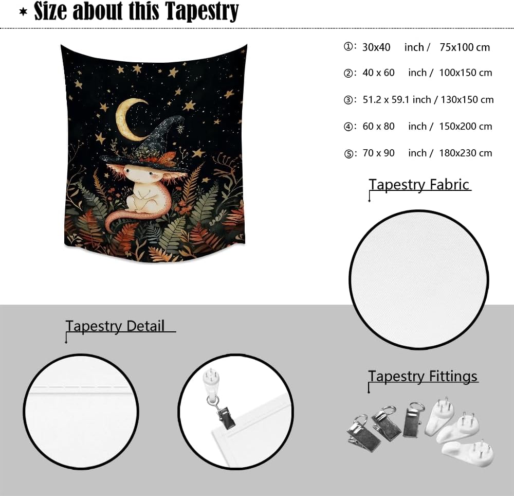 Whimsical Witch Tapestry Wall Hanging Decor Cute Axolotl Tapestry Magical Moon Animal Nursery Decoration Halloween Tapestries wall art for Home Kids Bedroom Living Room 40x60inch