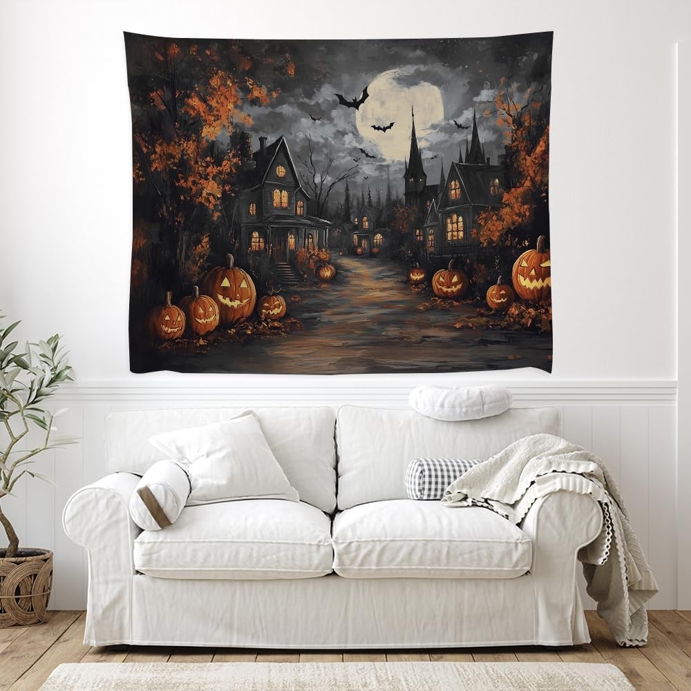 Spooky Halloween Tapestry Haunted Home Bats Pumpkin Tapestry Wall Hanging Dark Academia Fall Full Moon Decor Gothic Ghost Tapestries for bedroom Living Room Decoration 30x40inch