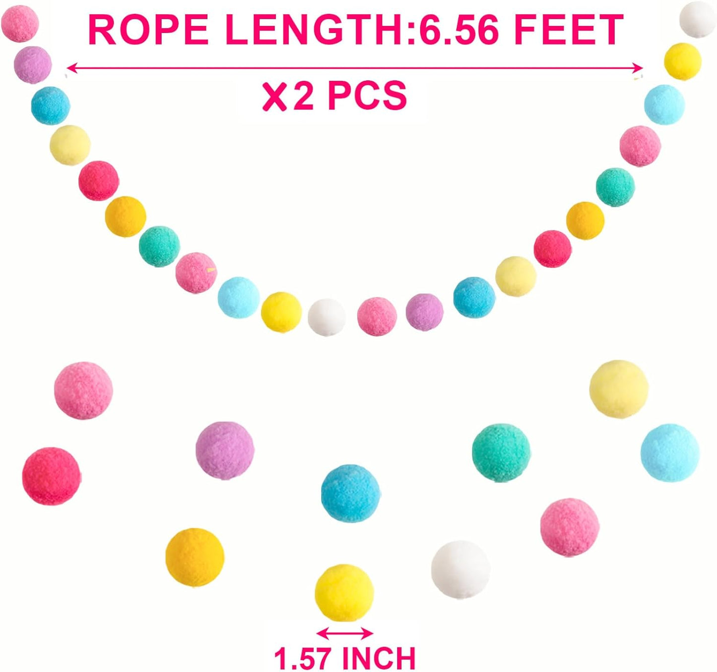 XmasExp Pastel Colorful Pom Pom Garland Decorations - Large Spring Felt Ball Garland for Classroom,Christmas, Mantle Decor, Easter Tree Ornaments, Baby Shower and Party Hanging Decor,13 Ft.