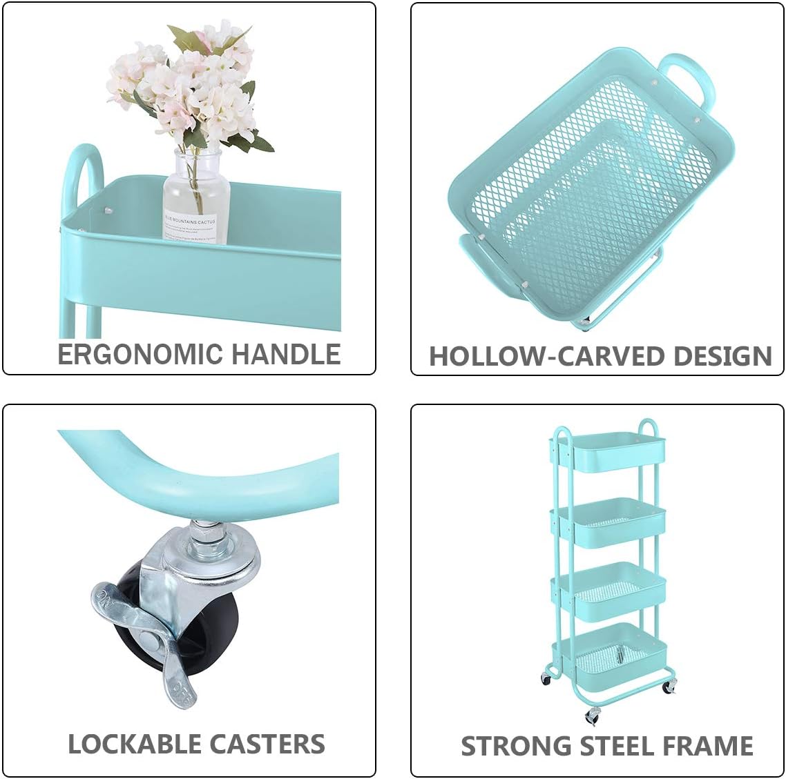 Melody House 4-Tier Metal Mesh Utility Rolling Cart Storage Organizer Shelf Rack with Lockable Wheels for Living Room Kitchen Office, Turquoise