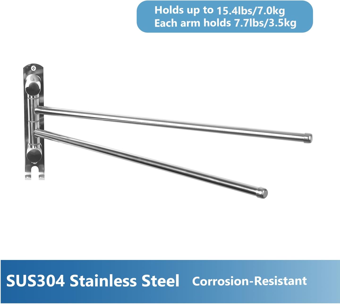 Wall Mounted Towel Rack JSVER 2 Arms Extended Swivel Towel Holder, SUS304 Stainless Steel Towel Racks for Bathroom, Kitchen