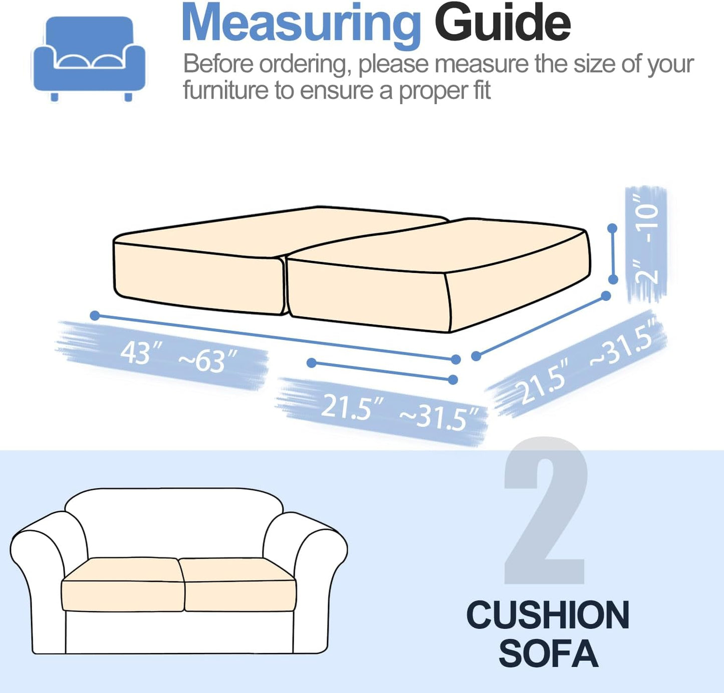 Individual Couch Cushion Covers, Stretch Sectional Couch Covers for L Shaped Sofa, Softer Chenille Sofa Covers for 2 Couch Cushions, Non-Slip Seat Slipcover Protector (2 Piece, Beige)