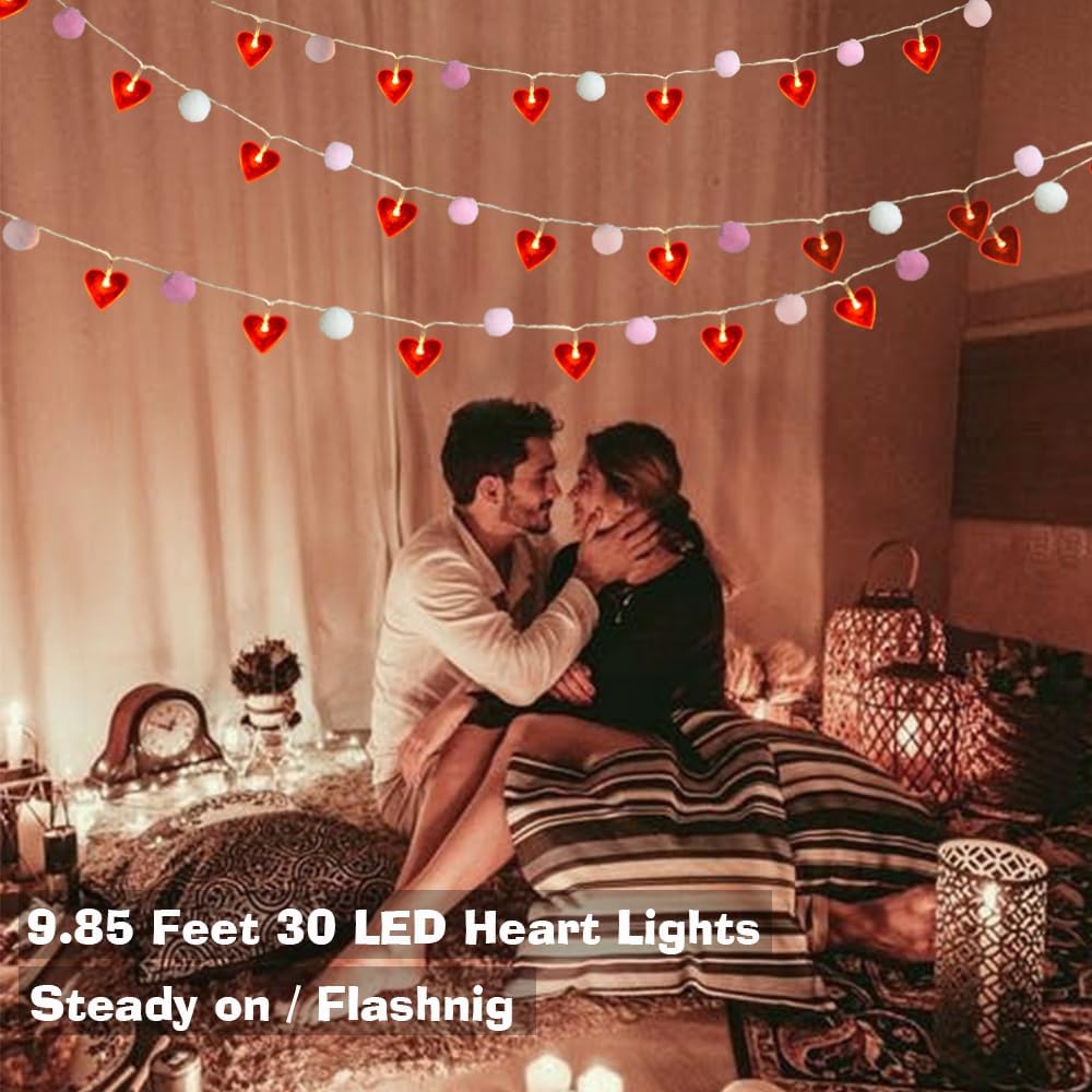 Red Heart String Lights 9.85 Ft Valentines Light with 20 LEDs 20 Pink Pom Poms Garland Lights Battery Operated with Timer Valentines Decorations for Wedding Party Valentine Decor