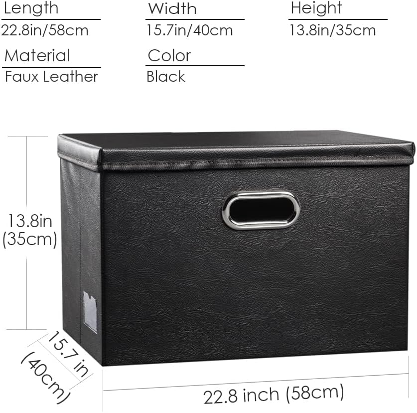 PRANDOM Extra Stackable Storage Bins with Lids [5-Pack] Leather Fabric Foldable Storage Boxes Organizer Containers Baskets Cube with Cover for Bedroom Closet Office Nursery Black (22.8x15.7x13.8)