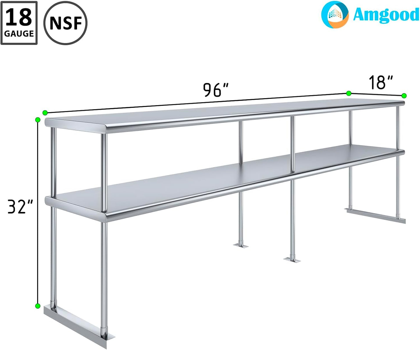 AmGood Double OverShelf Stainless Steel NSF - Many (96" Long x 18" Deep)