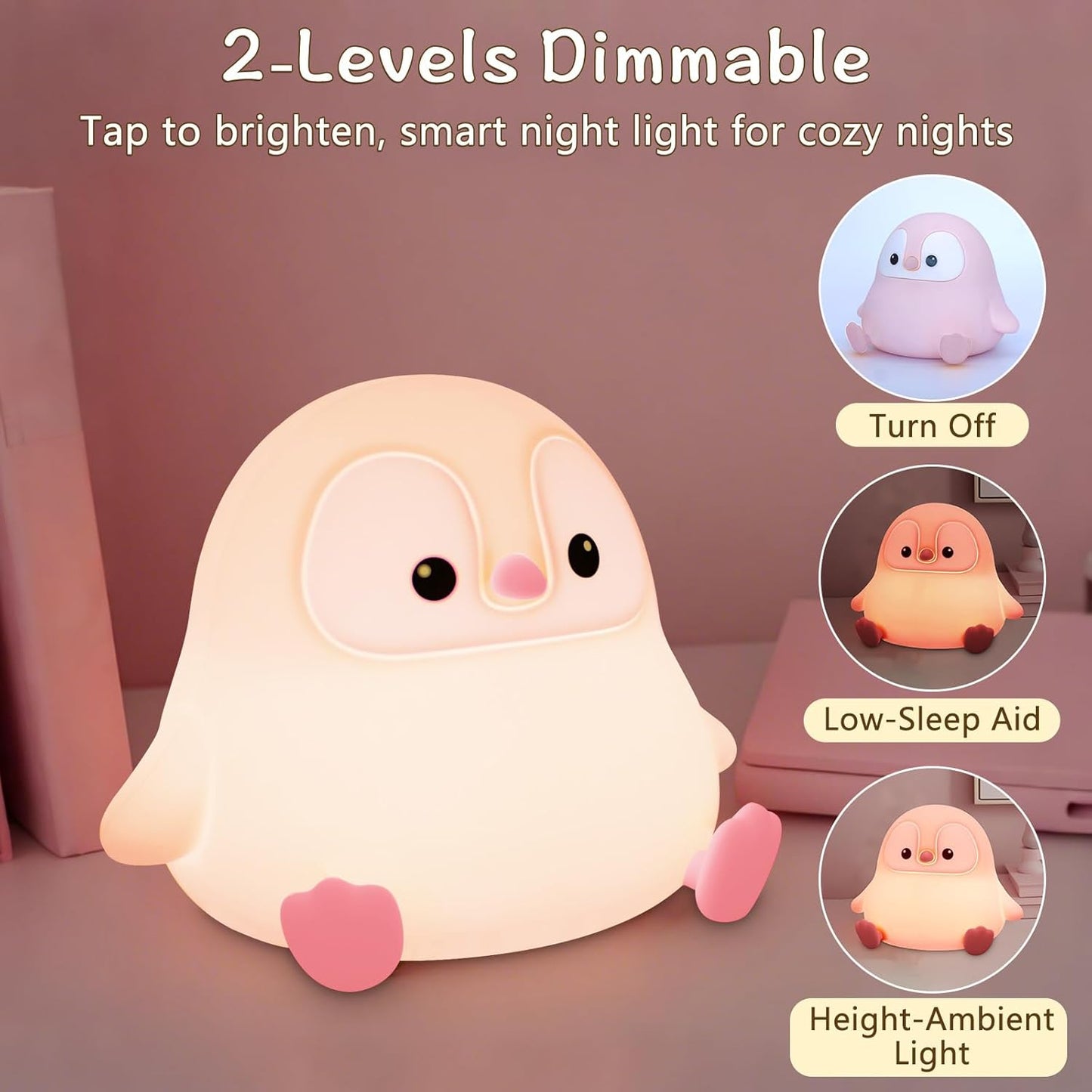 Penguin Night Light for Kids,Cute Pink Penguin Touch Lamp,Soft Silicone Nursery Nightlight,LED Squishy Novelty Animal Bedside Lamp,Rechargeable/Dimmable/Timer Desk Lamp,Kids Room Decor