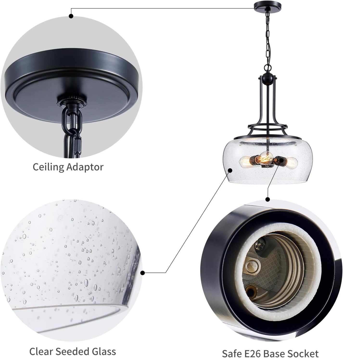 WUZUPS Chandelier Rustic Farmhouse Industrial Round Ceiling Pendant LED Light Fixture Clear Seeded Glass Shade for Dining Room Kitchen Island Foyer Entryway, H 20.9" x W 15.9", Black