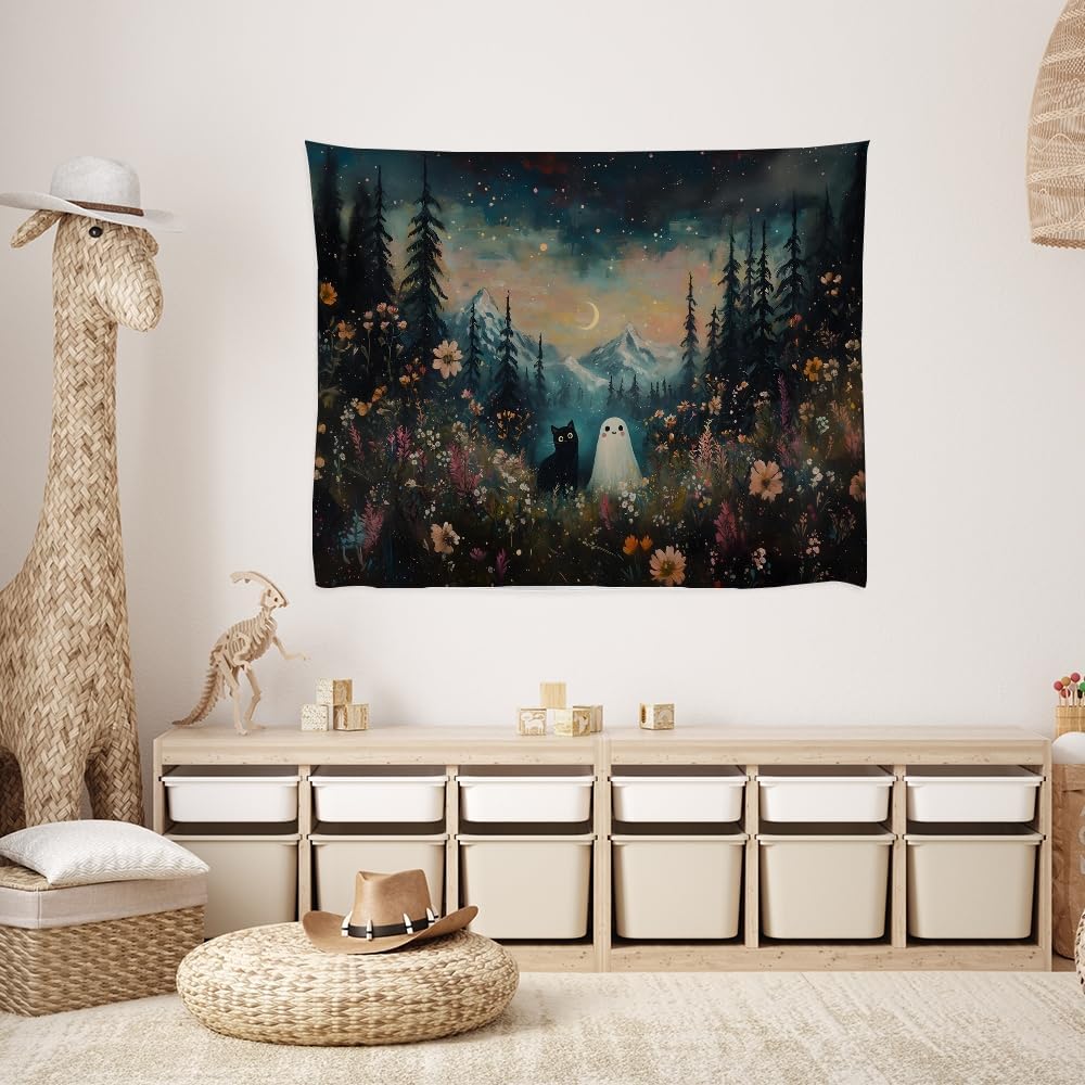 Whimsical Halloween Tapestry Wall Hanging Ghost and Black Cat in Magical Forest Wildflowers Meadow Tapestry Art Print Charming Spooky Fall Season Tapestries for Living Room Bedroom Decor 30x40inch