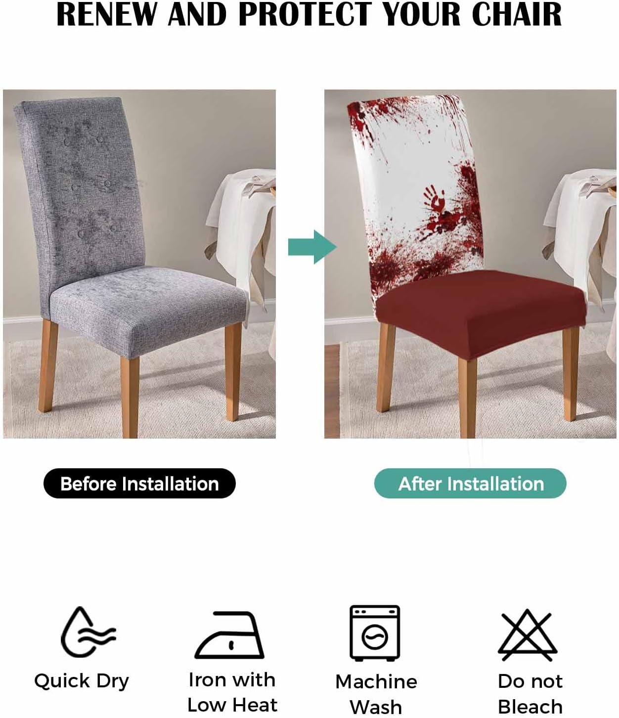 4 Pcs Dining Chair Covers Stretch Spandex Slipcovers Halloween Horror Bloody Handprint Removable Washable Dining Room Seat Cover Cushion Protector for Home Hotel Banquet Decor Red Blood White