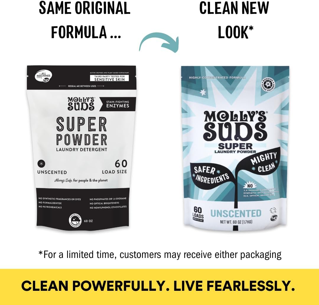 Molly's Suds Unscented Super Powder Detergent | Extra Strength Laundry Soap, Stain Fighting | Sensitive Skin | Simple, Effective Ingredients | 60 Loads