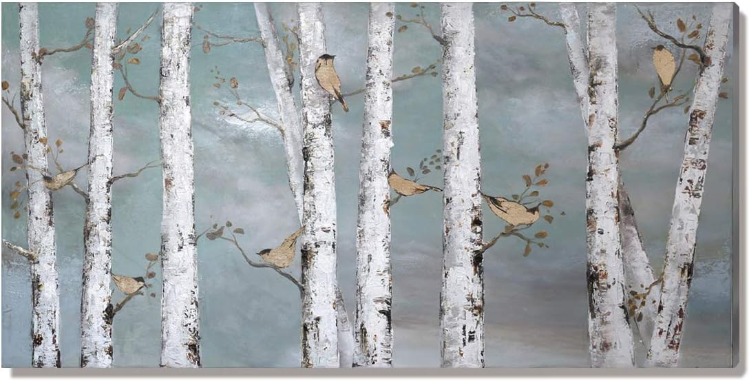 amatop Teal Wall Art 100% Hand-Painted Landscape Forest Oil Painting on Canvas Original Framed Artwork Gold Bird Birch Tree Artwork White Birch at Night for Living Room Bedroom Office Decor 32x16inch