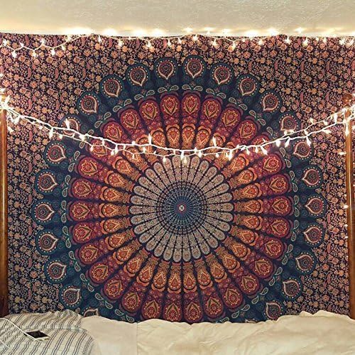 Bless International Handmade Indian hippie Bohemian Psychedelic Peacock Mandala Wall hanging College Dorm Beach Throws Table Cloth Bedding Tapestry (Golden Blue, King(88x104Inches)(225x265Cms))