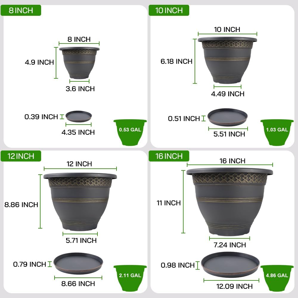 6 Pack 8 Inch Plant Pots, Plastic Flower Pot for Indoor & Outdoor with Drainage Holes & Saucer, Plaid Pattern Planters Garden Pots for Herbs