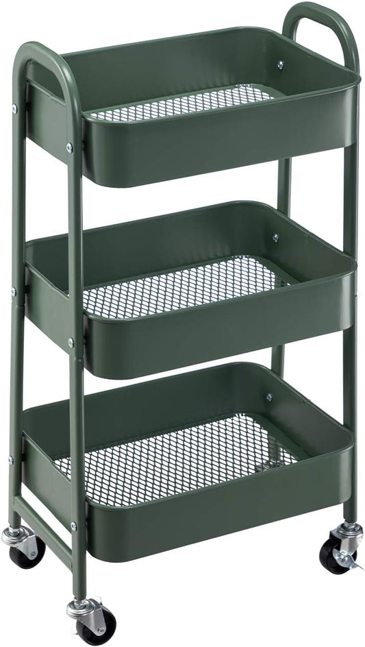AGTEK Movable Rolling Organizer - 3 Tier Metal Storage Cart, Green