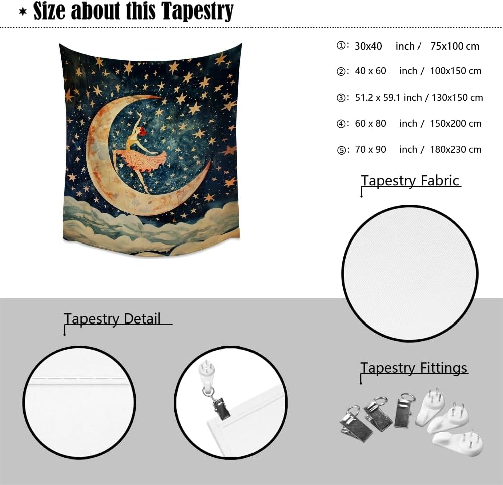 Dancer on the Moon Tapestry Starry Night Sky Art Print Dark Academia Gothic Aesthetic Wall Hanging Stars Moon Clouds Tapestries Whimsical Wall Decor for Nursery Bedroom 30x40inch