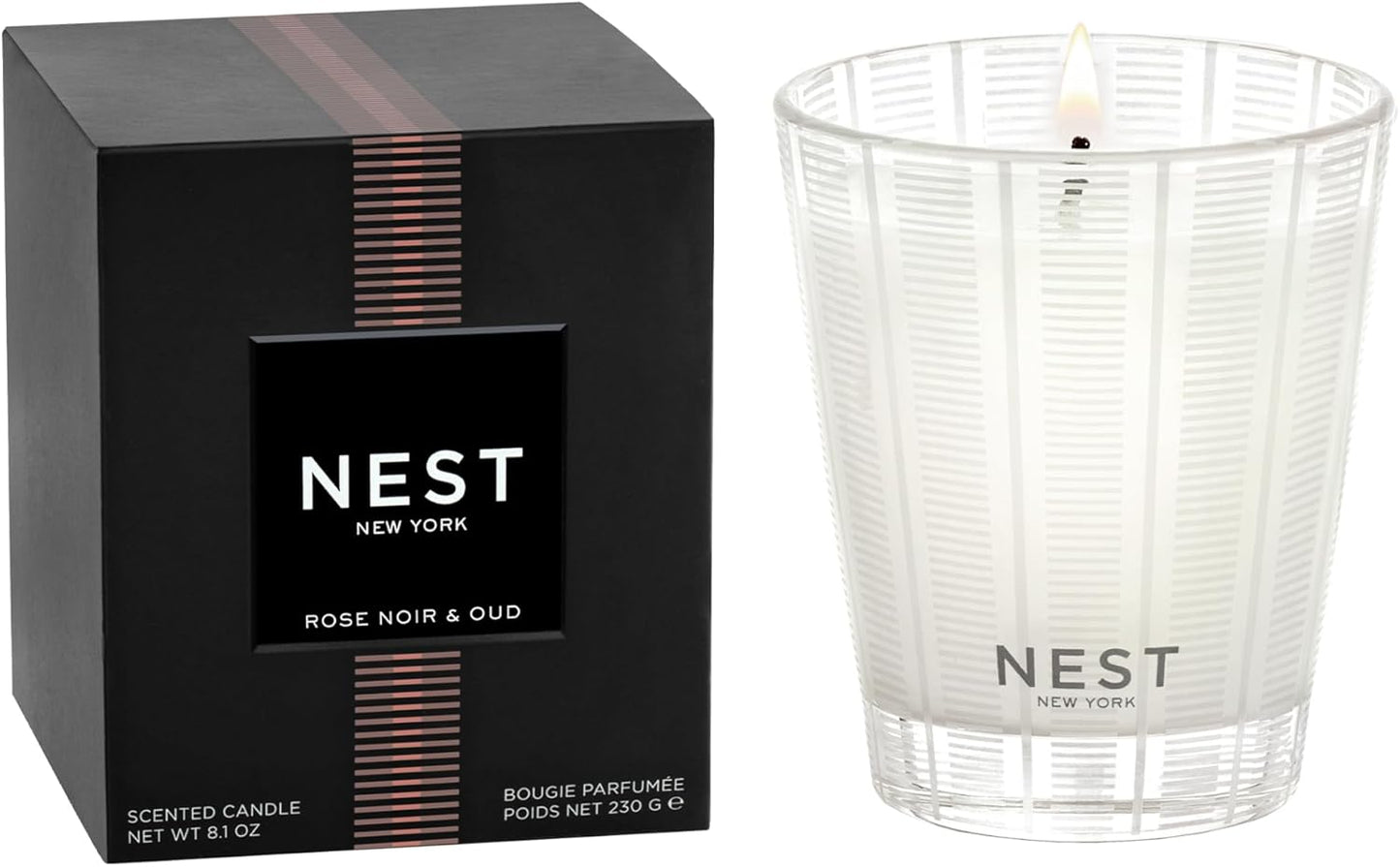 NEST New York Scented Classic Candle, Rose Noir & Oud - 8.1 oz - Up to 60-Hour Burn Time - Reusable Glass Vessel