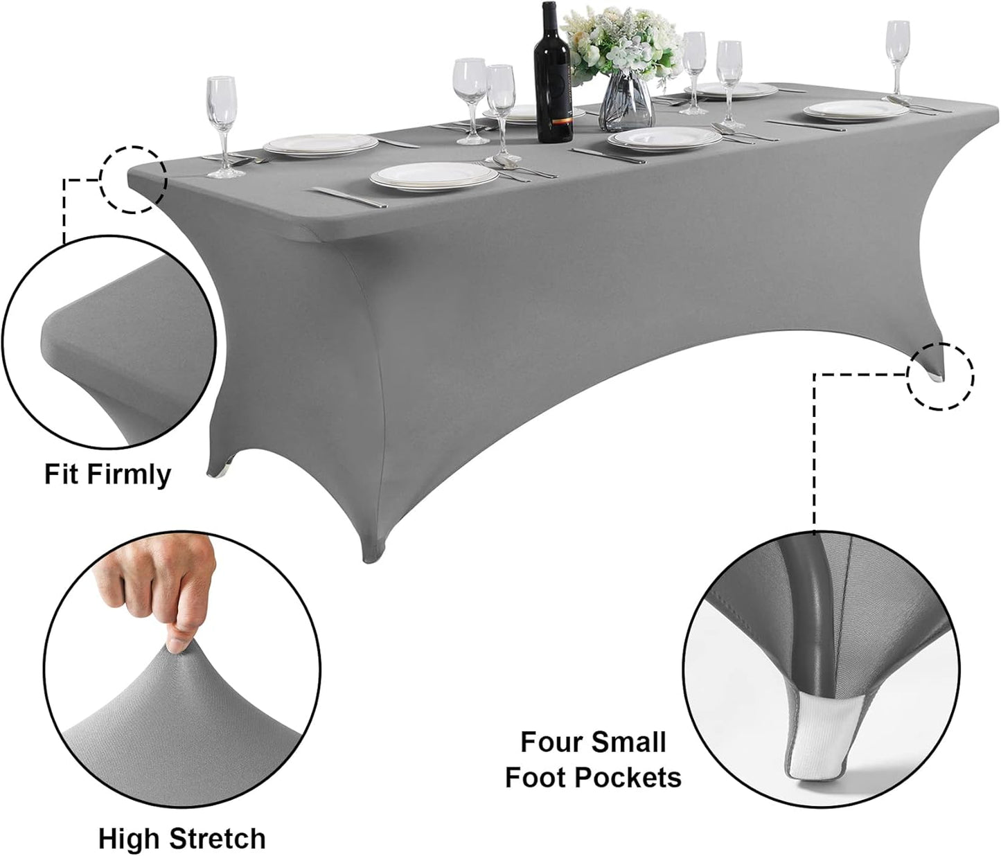 SuperO Waterproof Spandex Table Cover for 8FT Table Universal Fitted Stretch Tablecloth for Party, Banquet, Wedding and Events-Gray
