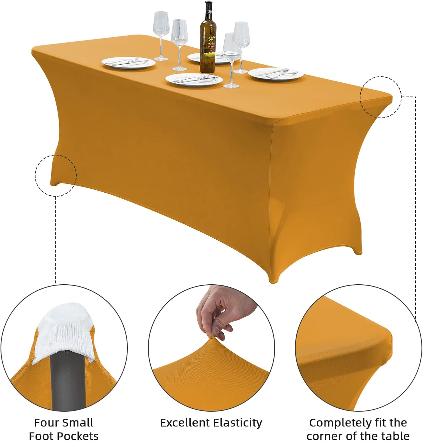 CWK 6FT Waterproof Stretch Spandex Table Cover for Rectangular Tables - Elastic Fitted Tablecloth for Folding Tables,Wrinkle Resistant Table Cloth for Parties, Weddings, Banquets & Events (Gold)