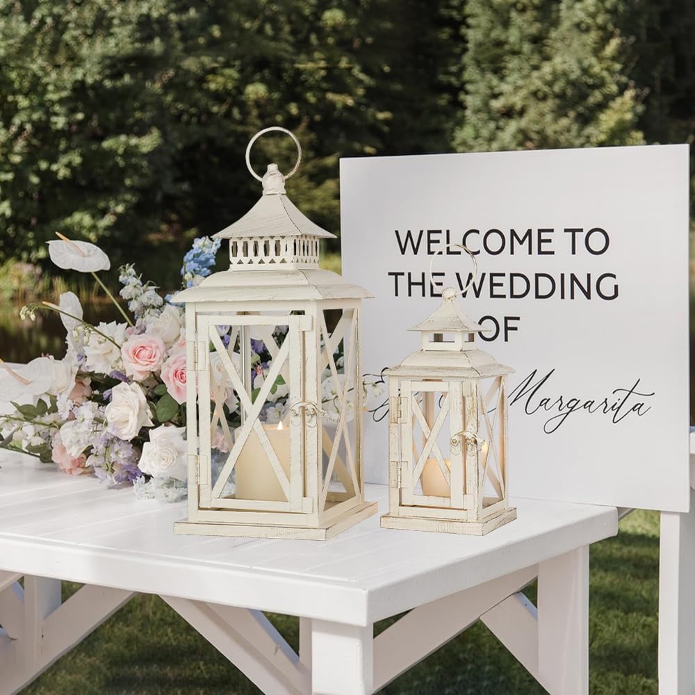 Lanterns Decorative Outdoor&Indoor, Set of 2 (14"&10") Beige Metal Lantern Decor with Glass, Candle Holder for Porch, Patio, Garden, Balcony, Wedding, Table Centerpiece