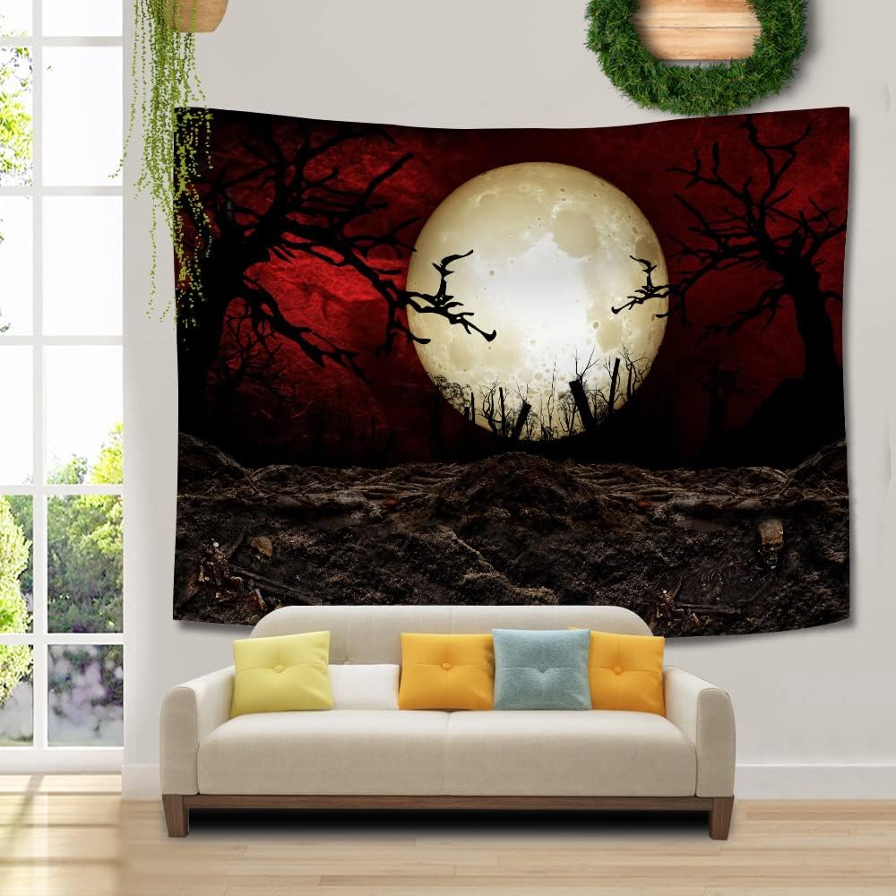SHRAPHY Moon Tapestry Scary Graveyard Scarlet Sky Tapestry Large 100x90 Inches Halloween Art Wall Hanging Tapestry for Bedroom GTLSUH1209