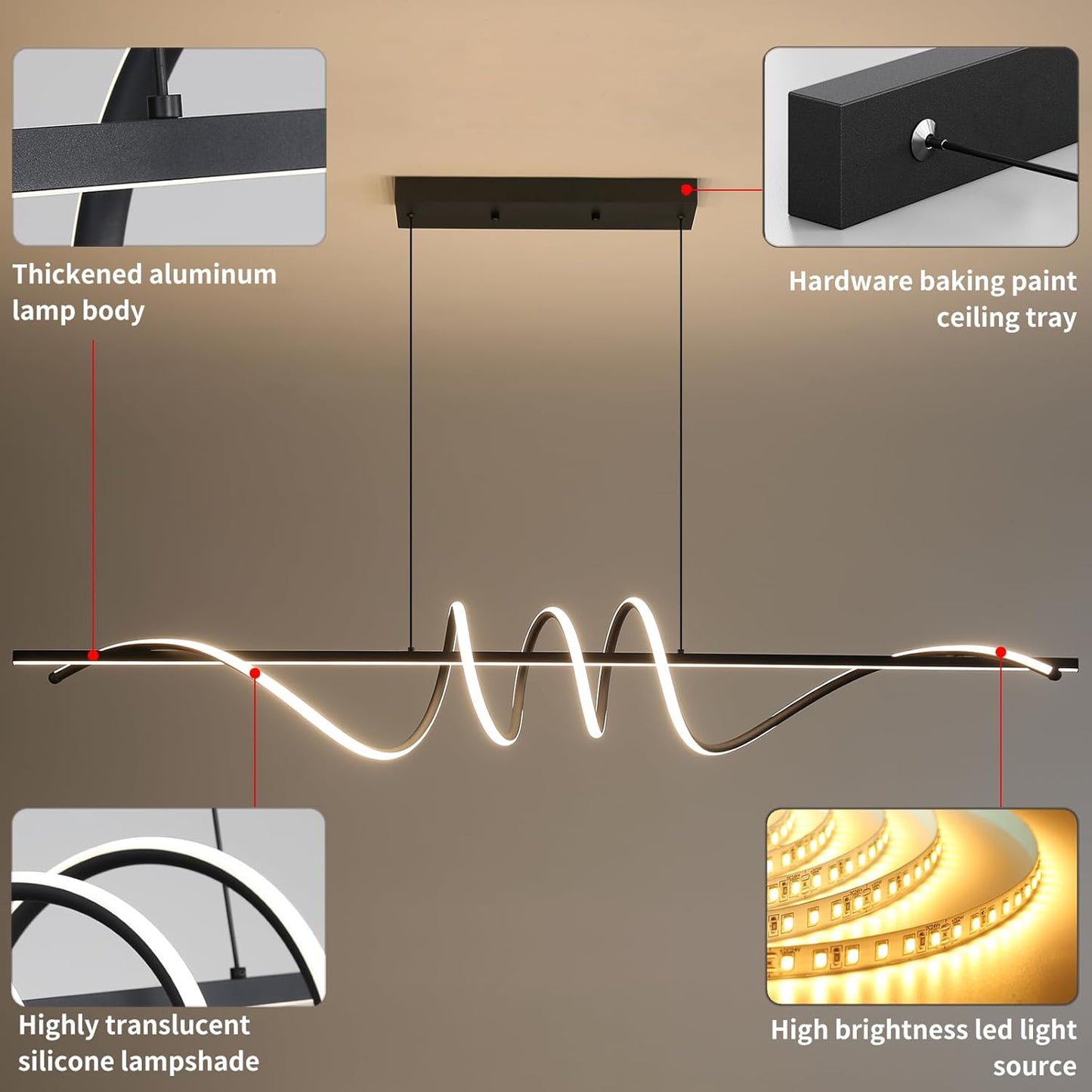 Modern Ceiling Chandelier Light, Acrylic Anti Flicker Pendant Lamp with Remote Control Dimmable 3 Color Mode & Brightness (Warm Cool Neutral Light) for Kitchen Bar（Black,57IN