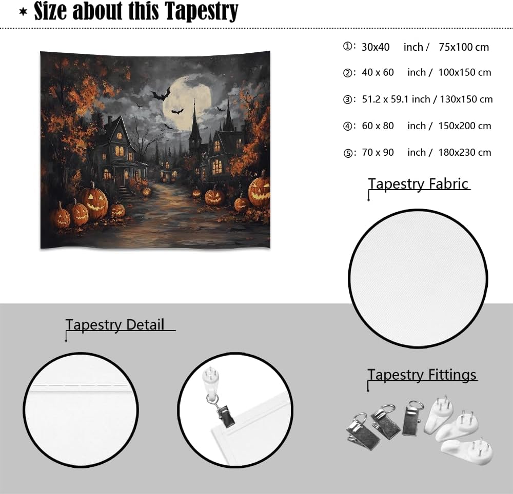 Spooky Halloween Tapestry Haunted Home Bats Pumpkin Tapestry Wall Hanging Dark Academia Fall Full Moon Decor Gothic Ghost Tapestries for bedroom Living Room Decoration 70x90inch