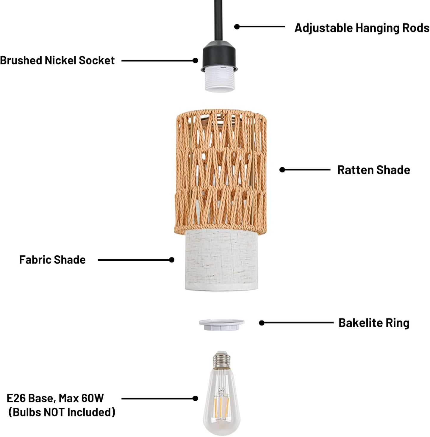 Pendant Light Boho Hanging Lamp - Rattan & Linen 2-in-1 Shade, Adjustable Hanging Lights Fixture for Kitchen Island, Dining Room, Farmhouse, Bedroom (3 Pack)