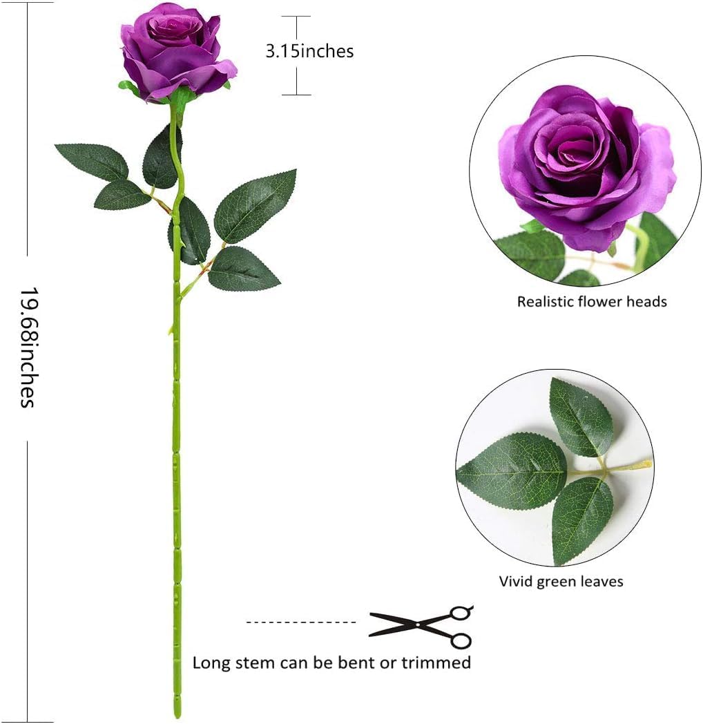 Purple Fake Roses Artificial Flowers - 16 Pcs Fake Artificial Roses Silk Flowers with Stems for Home Wedding Hotel Office Centerpiece Decor