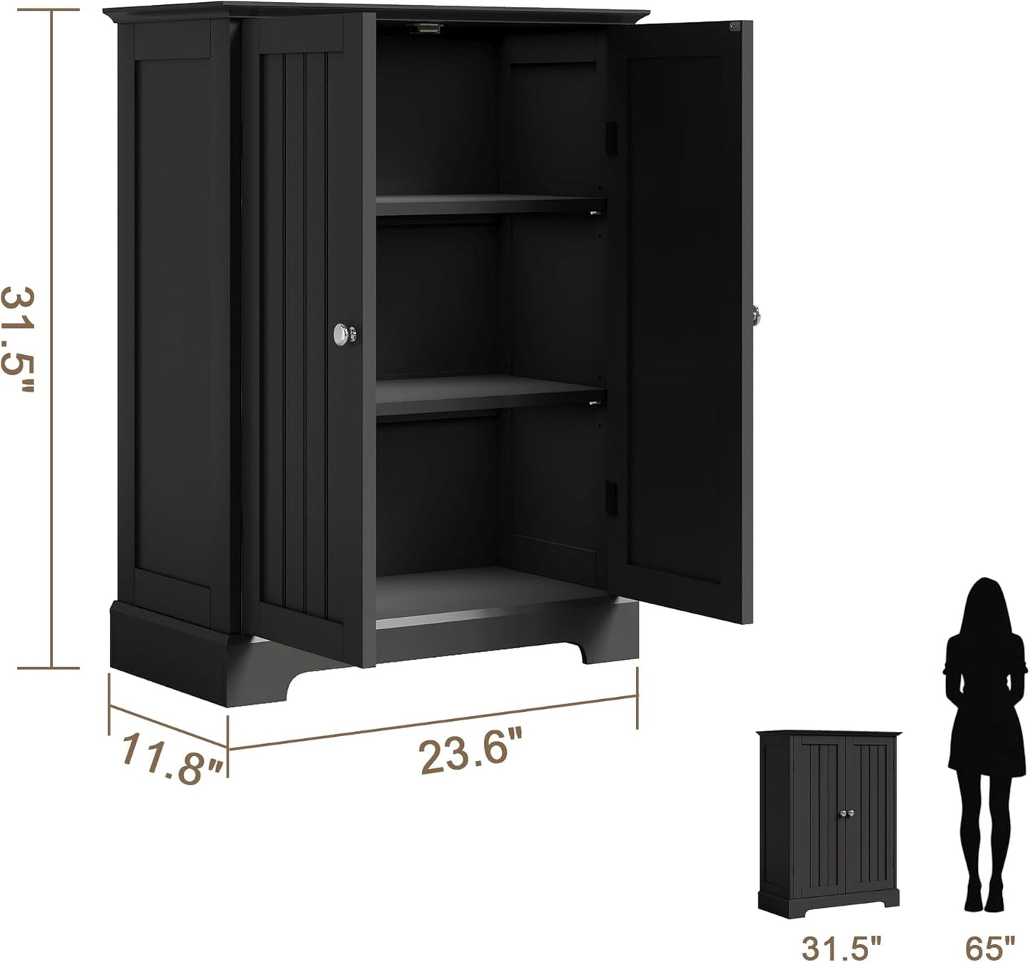 ChooChoo Bathroom Floor Cabinet, Modern Bathroom Storage Cabinet with 2 Doors and Adjustable Shelves, Freestanding Cupboard for Living Room, Black