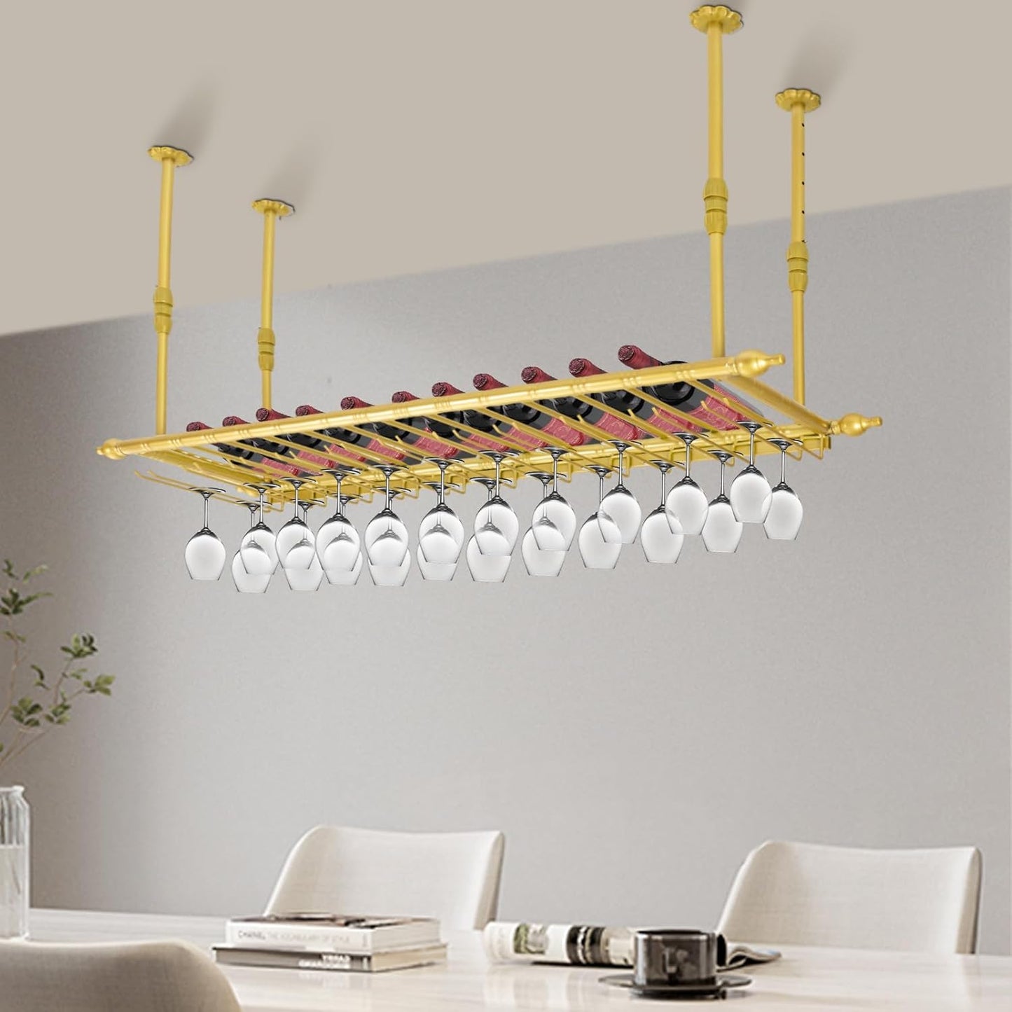 Hanging Wine Rack 47" Wall Mounted Wine Glass Rack Ceiling Adjustable Hanging Bar Glass Holder Shelves for Kitchen Bar Restaurants Industrial Iron Storage Shelf