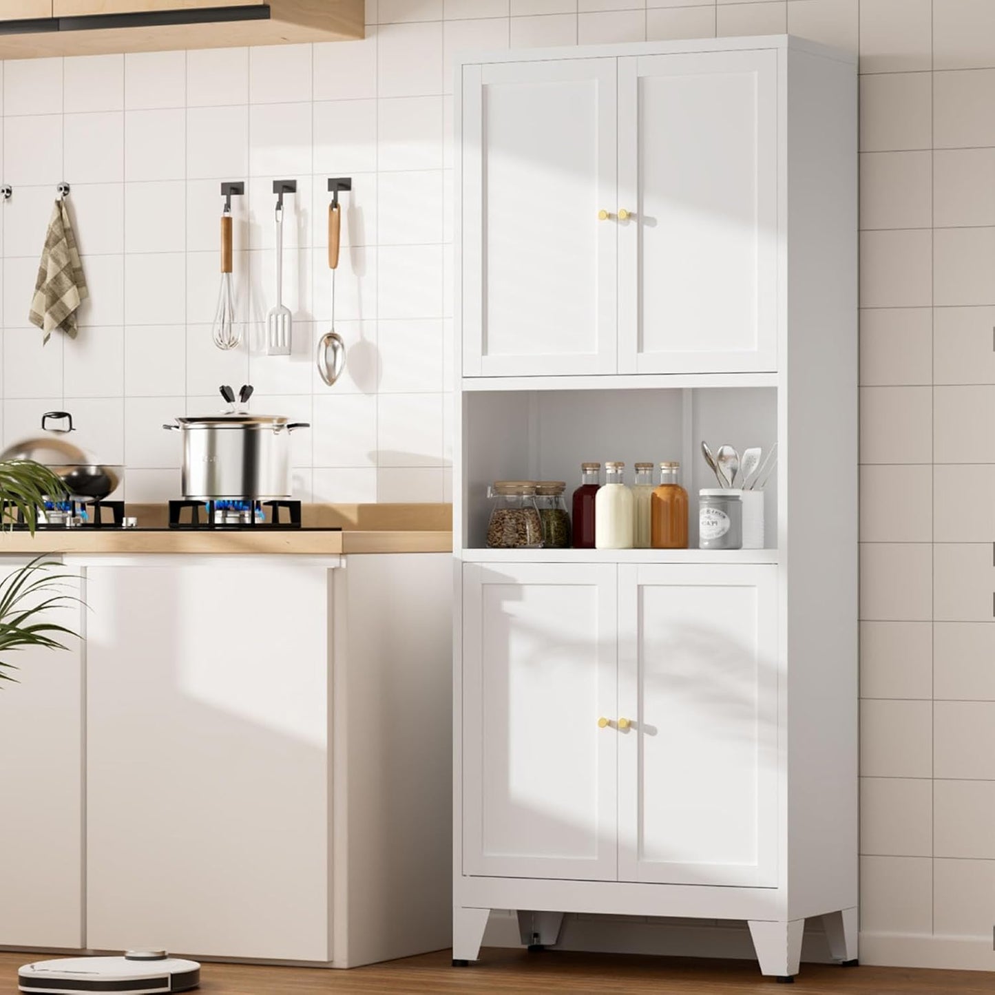 69" Tall Kitchen Pantry Cabinet, Metal Storage Cabinet with 4 Doors and Adjustbale Shelves, Freestanding Cupboards for Dining Room, Living Room, Bathroom