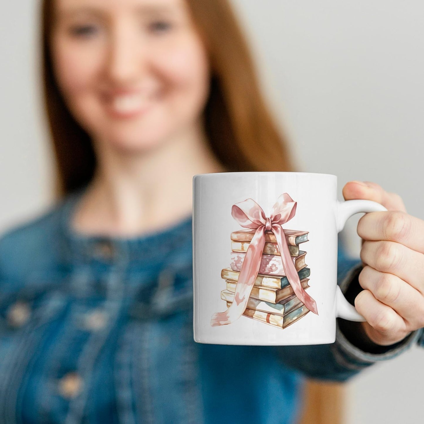 JINYO Coquette Pink Bow Books Mug, Book Coffee Cup, Reading Mugs for Book Lovers, Gifts for Readers Books Lovers Women, Bookish Bookworm Gifts for Women, Ceramic Coffee Tea Mug 11 oz