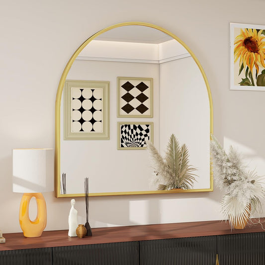 BEAUTYPEAK 31"x32" Arch Bathroom Mirror, Wall Mounted Vanity Metal Frame Mirror for Bedroom, Entryway, Living Room, Gold